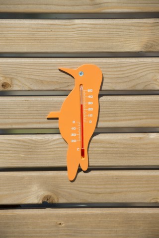 Hőmérő kültéri, műanyag, narancssárga pinty forma 15 x 7,5 x 0,3 cm