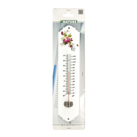 Hőmérő kültéri, fém, virágmintás fehér, 30 x 6,5 x 1 cm 